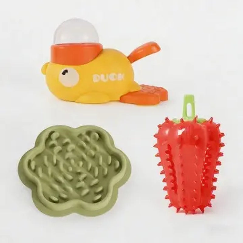 Dearpaws 3-in-1 Interactive Pet Feeding Set for Cats and Dogs - Includes Little Yellow Duck Food Dispenser, Chili Pepper Leaker Toy, and Silicone Slow Feeder Licking Bowl for Healthy Eating