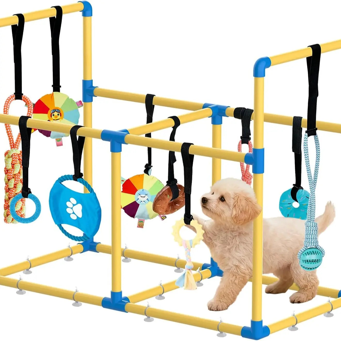 Indoor Puppy Play Gym - Agility Training and Enrichment Aid with Snuffle Mat, 8 Hanging Toys, PVC Frame, and Bite-Resistant Velcro Rope for Small Dogs