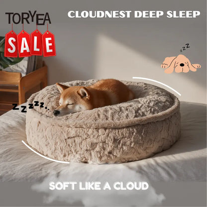 TORYEA PET Cloudnest Plush Dog & Cat Bed - Calm Beige Edition, Ultra Soft Faux Fur, Thick Supportive Joint Support Cushion, Detachable Washable Cover, Non-Slip Bottom, Elegant Home Design, All Ages Deep Sleep Premium All-Season Pet Bed