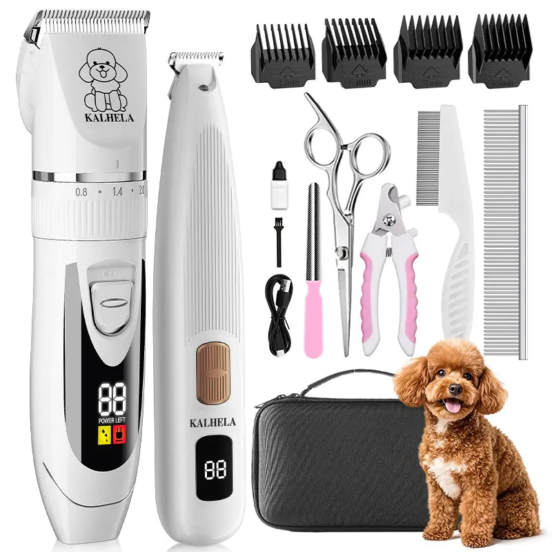 Professional Dog Grooming Clippers and Nail Grinder Trimmer Kit, Rechargeable Cordless, Low Noise, Suitable for Cats and Dogs (White)
