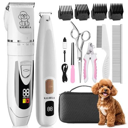 Professional Dog Grooming Clippers and Nail Grinder Trimmer Kit, Rechargeable Cordless, Low Noise, Suitable for Cats and Dogs (White)