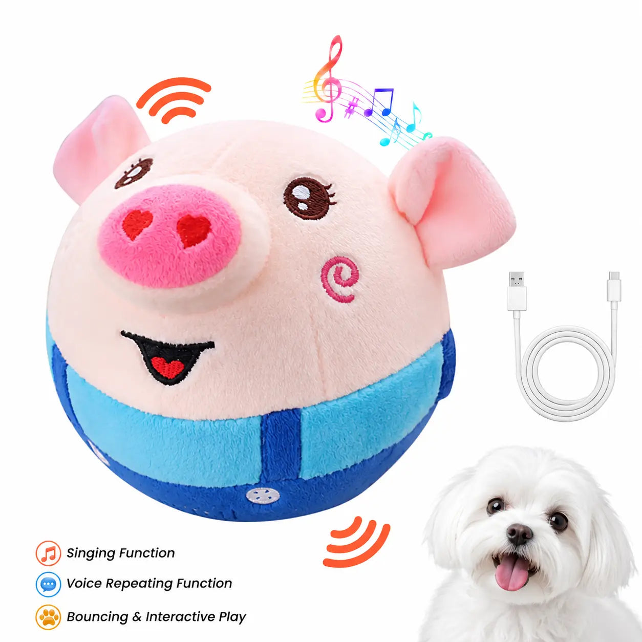 Interactive Jumping Squeaky Pig Dog Toy with Recording and Music Modes - Rechargeable Moving Chew Toy for Small to Medium Dogs