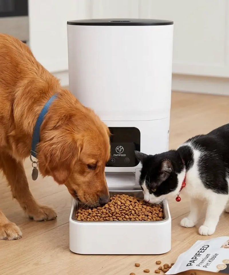 WiFi-Enabled Automatic Pet Feeder for Dogs and Cats - Durable Plastic and Stainless Steel Design, Auto-Dispensing Bowl, Washable Components, Nylon Braided Cord, and Adapter Included