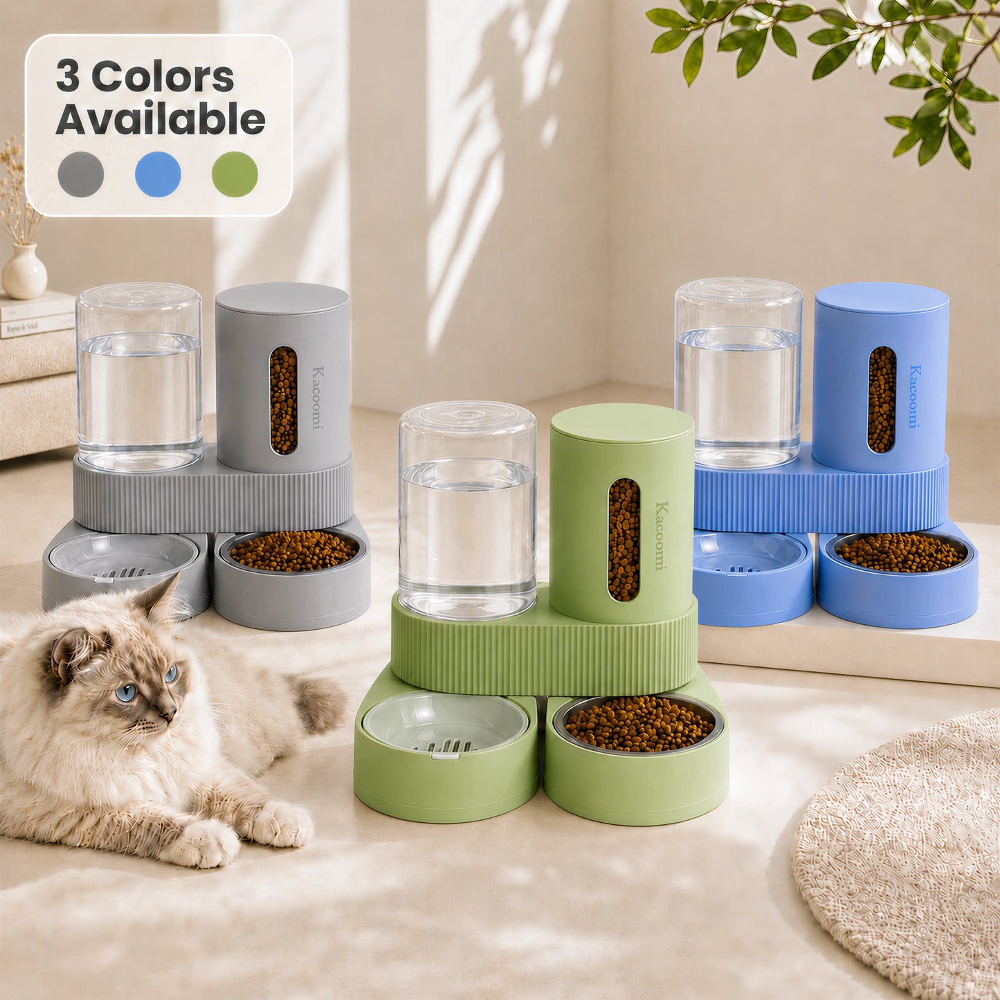 Kacoomi 2-Pack Gravity Food Feeders and Water Dispenser Set for Cats, Large-Capacity with Stainless Steel Bowl for Small Dogs