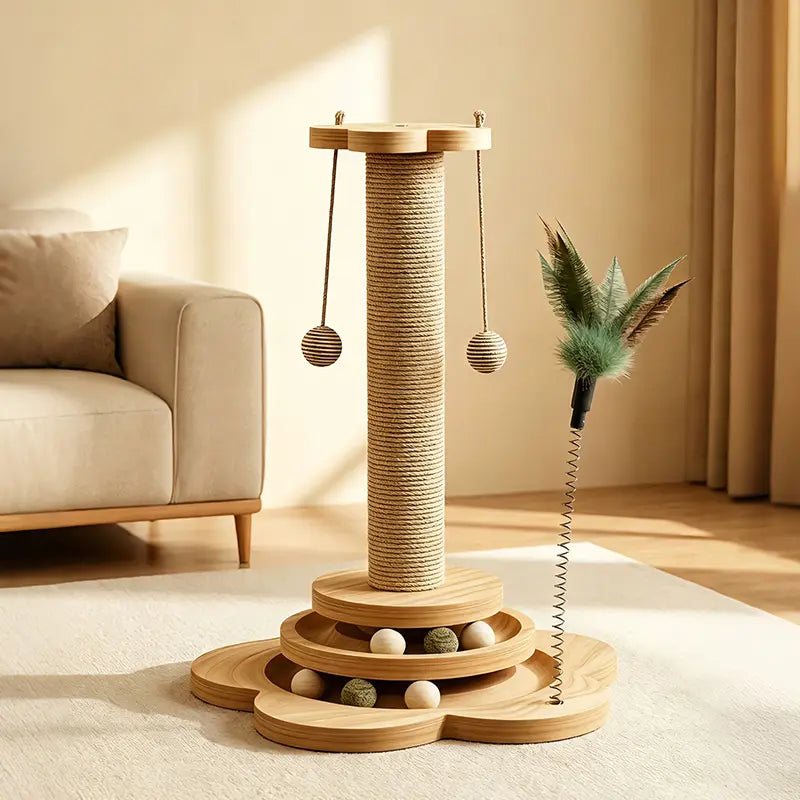 Solid Wood Standing Cat Climbing Tower - Scratcher Board, Vertical Scratcher, Scratching Post, Interactive Toy for Felines That Encourages Climbing, Enhances Playtime, Keeps Feline Entertained