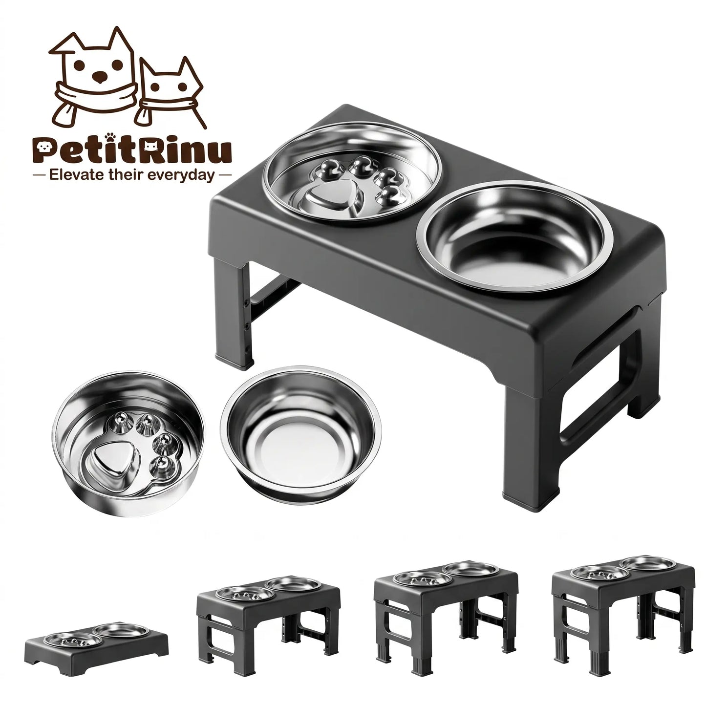 PETITRINU Elevated Adjustable Dog Bowls for Large Dogs, Stainless Steel Slow Feeder Dog Bowl with Height Adjustable Stand (21-27Cm / 8.3-10.6'' ),17.1" Wide Anti-Slip No-Spill Raised Pet Feeder for Neck Protection & Healthy Digestion
