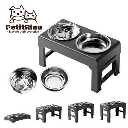 PETITRINU Elevated Adjustable Dog Bowls for Large Dogs, Stainless Steel Slow Feeder Dog Bowl with Height Adjustable Stand (21-27Cm / 8.3-10.6'' ),17.1" Wide Anti-Slip No-Spill Raised Pet Feeder for Neck Protection & Healthy Digestion