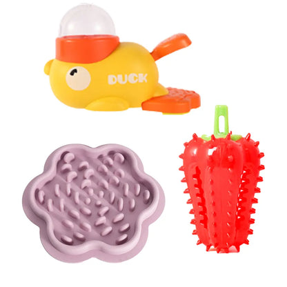 Dearpaws 3-in-1 Interactive Pet Feeding Set for Cats and Dogs - Includes Little Yellow Duck Food Dispenser, Chili Pepper Leaker Toy, and Silicone Slow Feeder Licking Bowl for Healthy Eating