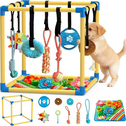 Indoor Puppy Play Gym - Agility Training and Enrichment Aid with Snuffle Mat, 8 Hanging Toys, PVC Frame, and Bite-Resistant Velcro Rope for Small Dogs