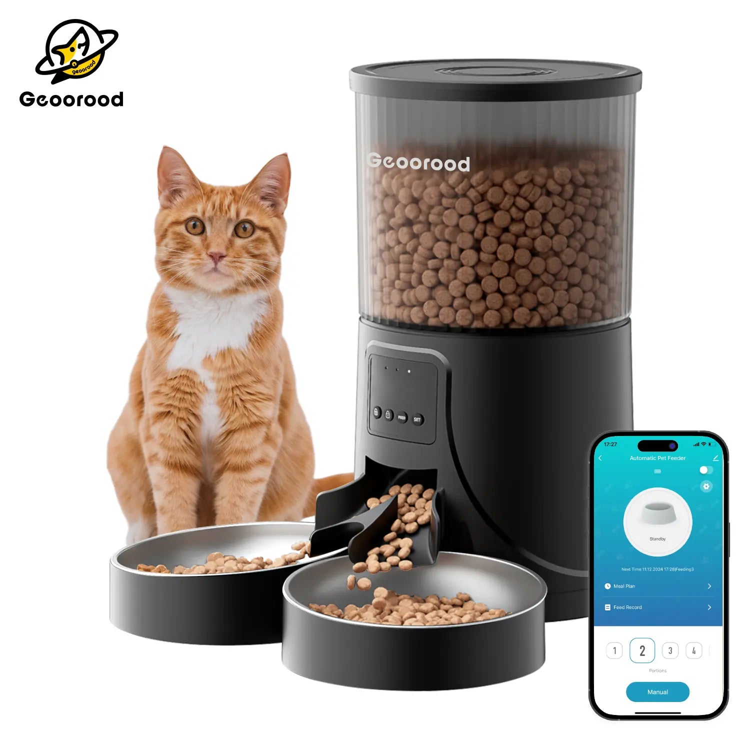 Geoorood Automatic Cat Feeder with Camera, 1080P HD Video, 2.4G Wifi Smart Pet Feeder with One-Way Audio, 4L Large Capacity, Dual Bowl Design for Cats and Small/Medium Dogs#Dealsforyoudays #Summerwins