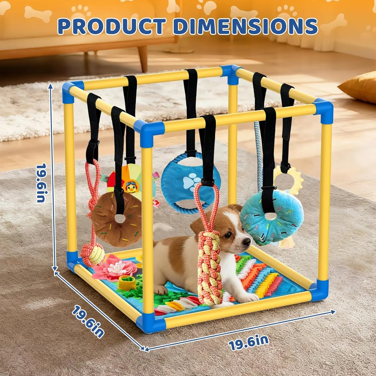 Indoor Puppy Play Gym - Agility Training and Enrichment Aid with Snuffle Mat, 8 Hanging Toys, PVC Frame, and Bite-Resistant Velcro Rope for Small Dogs