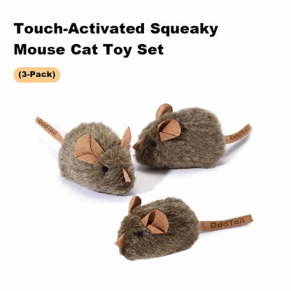 Oddtail 3-Pack Interactive Plush Cat Toys with Catnip - Touch Activated Chirping Grey Mice for Indoor Play and Boredom Relief