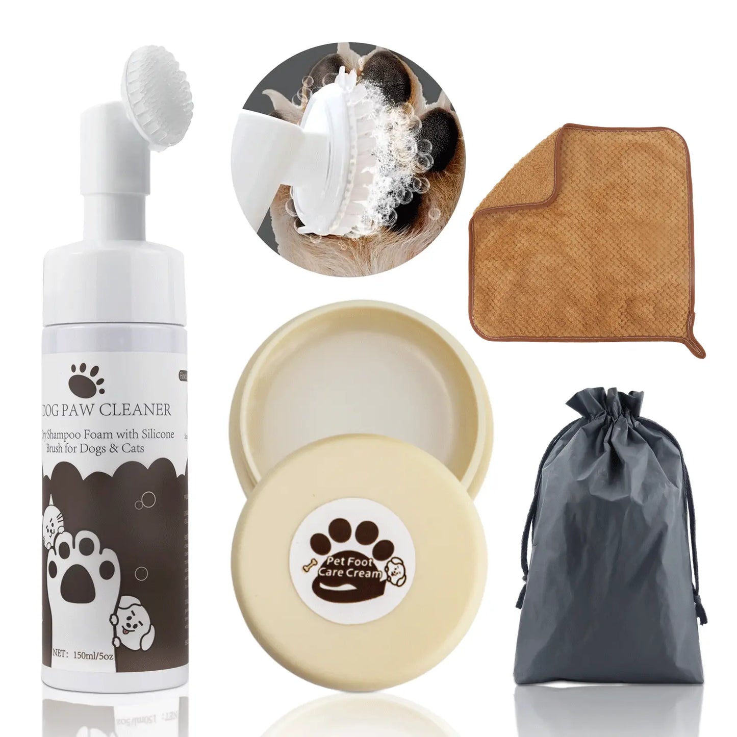 Petpawcare Dog Paw Cleaner 5 Oz No Rinse Balm for Dry Cracked Paws & Nose with Microfiber Towel & Travel Bag for Dogs Cats