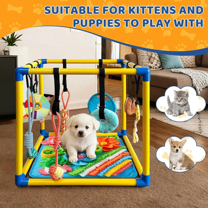 Indoor Puppy Play Gym - Agility Training and Enrichment Aid with Snuffle Mat, 8 Hanging Toys, PVC Frame, and Bite-Resistant Velcro Rope for Small Dogs