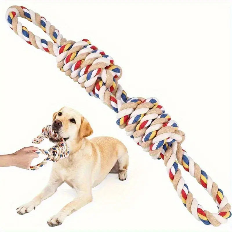 Interactive Cotton Rope Dog Leash Toy with Dual Grab Loops and Knots - Durable Chew Stick for Puppies and Dogs of All Sizes