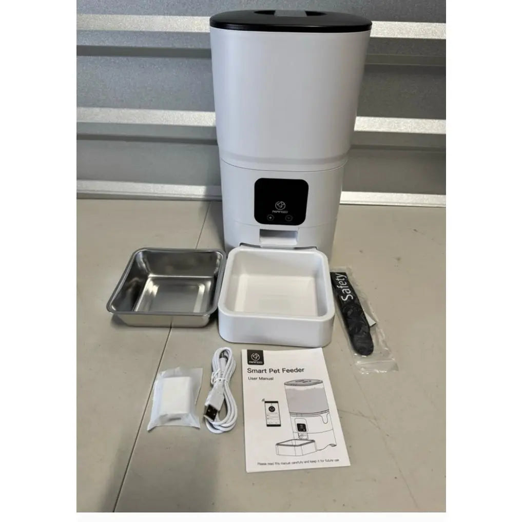 WiFi-Enabled Automatic Pet Feeder for Dogs and Cats - Durable Plastic and Stainless Steel Design, Auto-Dispensing Bowl, Washable Components, Nylon Braided Cord, and Adapter Included