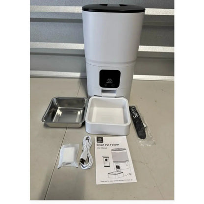 WiFi-Enabled Automatic Pet Feeder for Dogs and Cats - Durable Plastic and Stainless Steel Design, Auto-Dispensing Bowl, Washable Components, Nylon Braided Cord, and Adapter Included