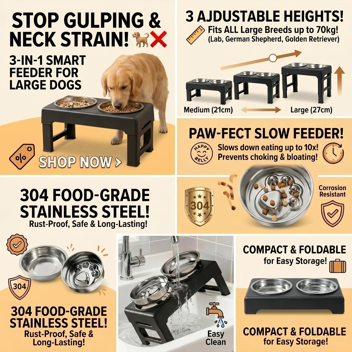 PETITRINU Elevated Adjustable Dog Bowls for Large Dogs, Stainless Steel Slow Feeder Dog Bowl with Height Adjustable Stand (21-27Cm / 8.3-10.6'' ),17.1" Wide Anti-Slip No-Spill Raised Pet Feeder for Neck Protection & Healthy Digestion