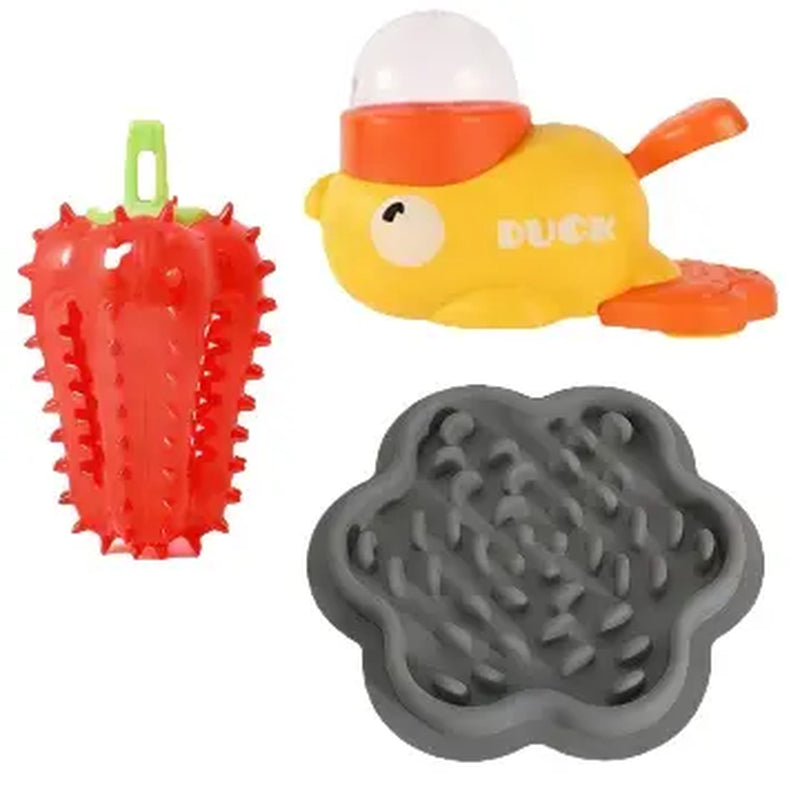 Dearpaws 3-in-1 Interactive Pet Feeding Set for Cats and Dogs - Includes Little Yellow Duck Food Dispenser, Chili Pepper Leaker Toy, and Silicone Slow Feeder Licking Bowl for Healthy Eating