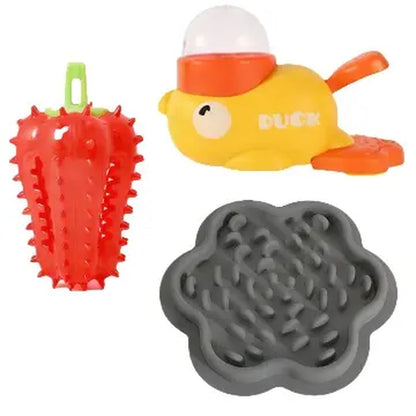 Dearpaws 3-in-1 Interactive Pet Feeding Set for Cats and Dogs - Includes Little Yellow Duck Food Dispenser, Chili Pepper Leaker Toy, and Silicone Slow Feeder Licking Bowl for Healthy Eating