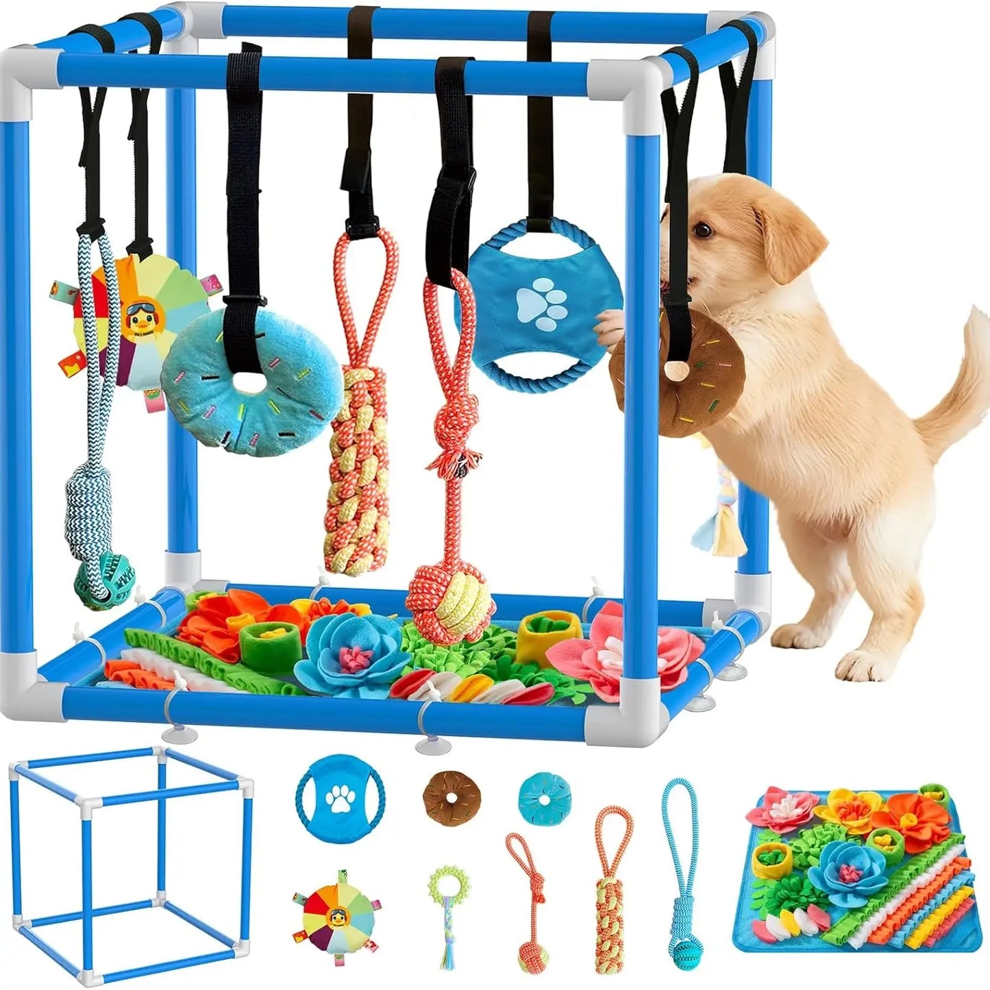 Indoor Puppy Play Gym - Agility Training and Enrichment Aid with Snuffle Mat, 8 Hanging Toys, PVC Frame, and Bite-Resistant Velcro Rope for Small Dogs
