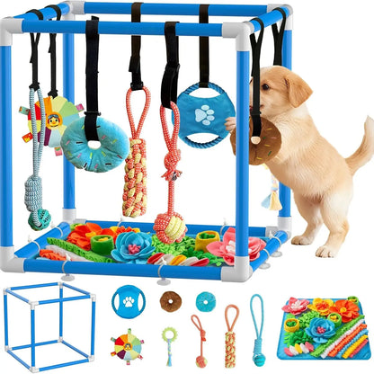 Indoor Puppy Play Gym - Agility Training and Enrichment Aid with Snuffle Mat, 8 Hanging Toys, PVC Frame, and Bite-Resistant Velcro Rope for Small Dogs