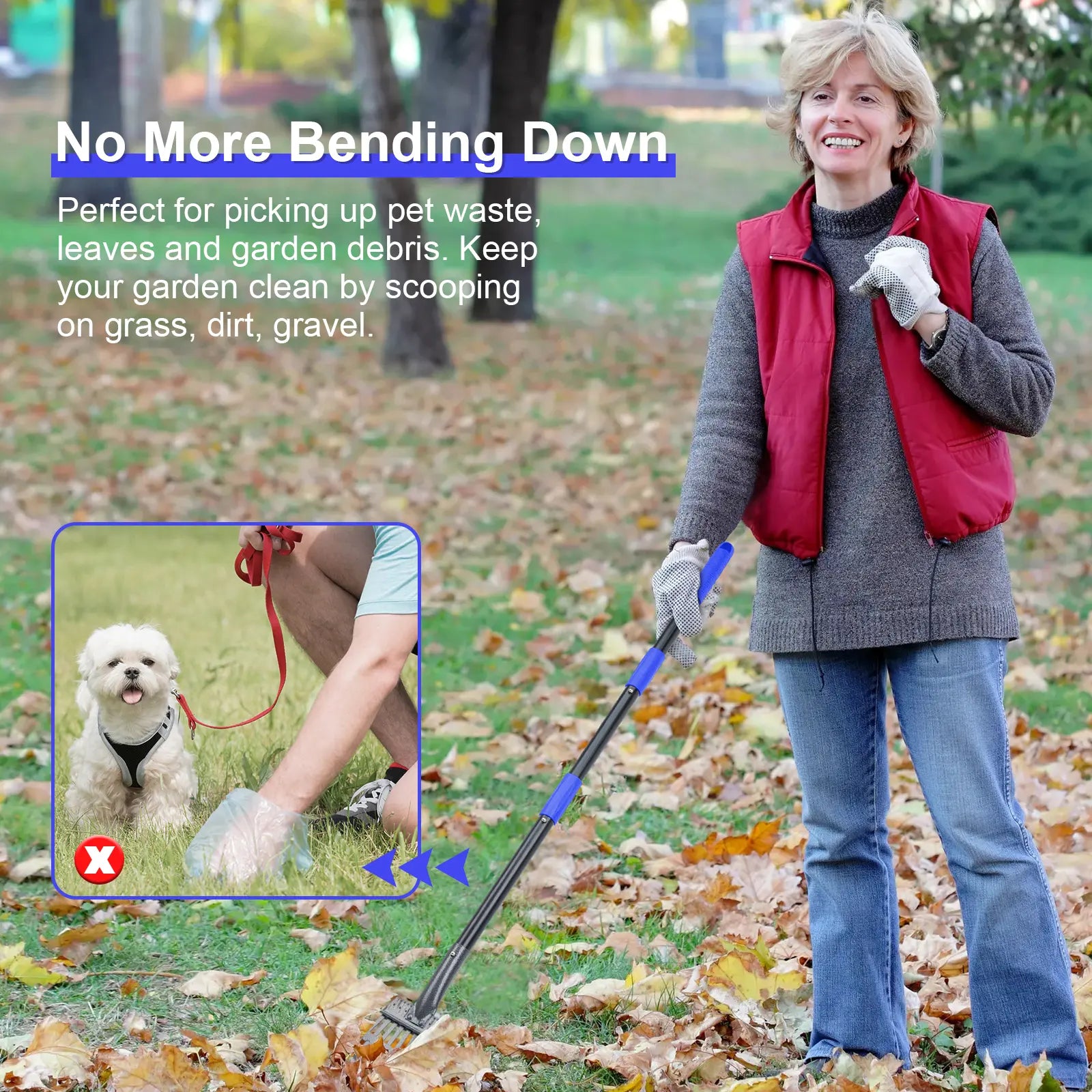 Pooper Scooper, Dog Pooper Scooper Tray and Rake Set with Adjustable Stainless Steel Long Handle for Large Medium Small Dogs