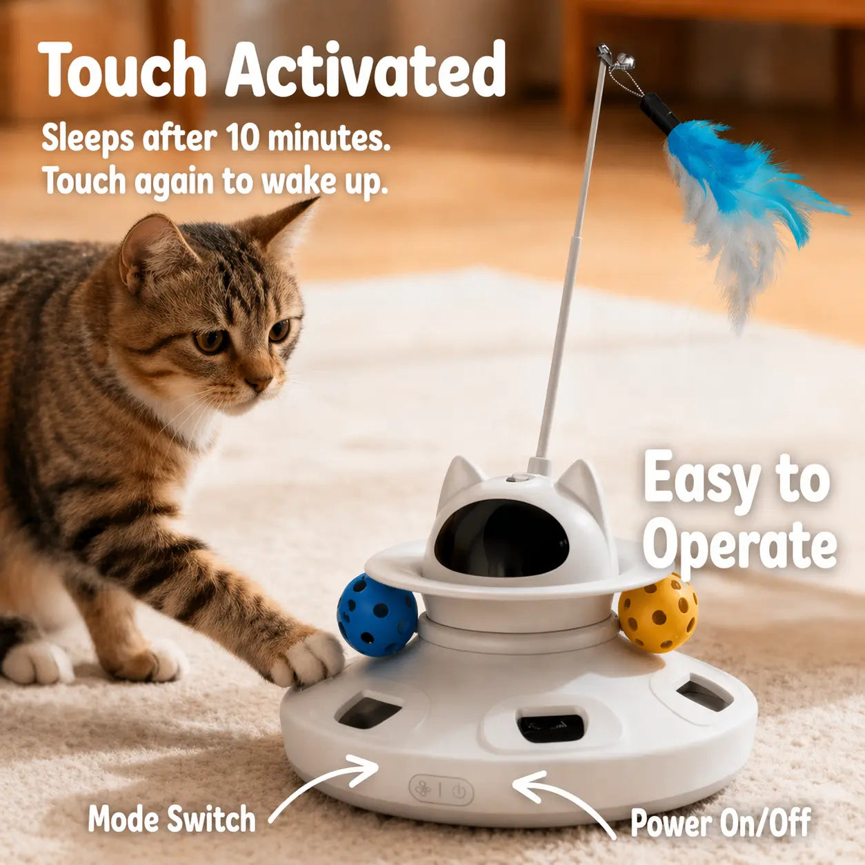 4-In-1 Interactive Toxin-Free Cat Toy - Laser Pointer, Feather, Ball/Chaser, Random Holes Point down Hide & Seek Function for Indoor Cat Entertainment