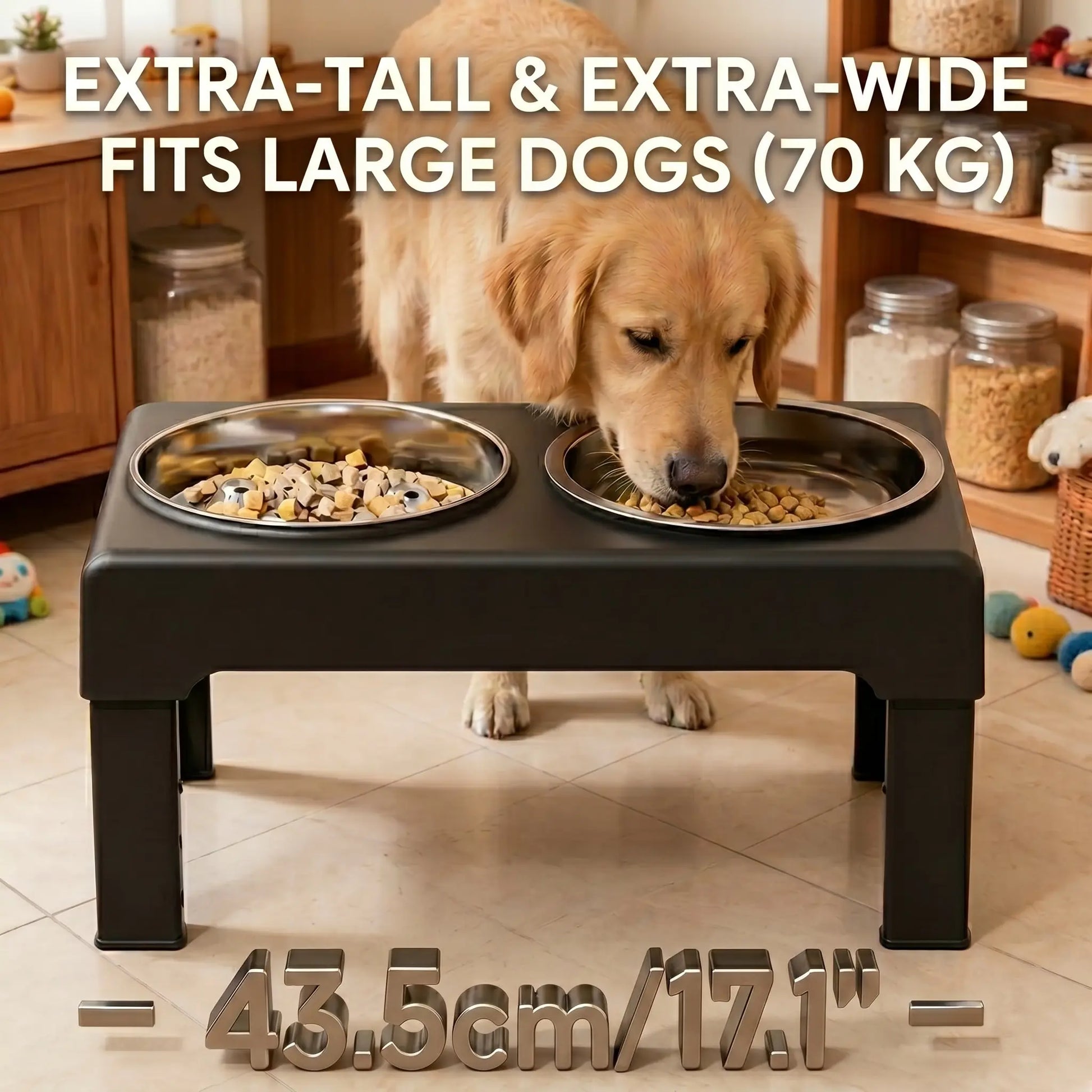 PETITRINU Elevated Adjustable Dog Bowls for Large Dogs, Stainless Steel Slow Feeder Dog Bowl with Height Adjustable Stand (21-27Cm / 8.3-10.6'' ),17.1" Wide Anti-Slip No-Spill Raised Pet Feeder for Neck Protection & Healthy Digestion