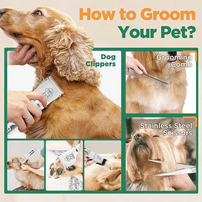 Professional Dog Grooming Clippers and Nail Grinder Trimmer Kit, Rechargeable Cordless, Low Noise, Suitable for Cats and Dogs (White)