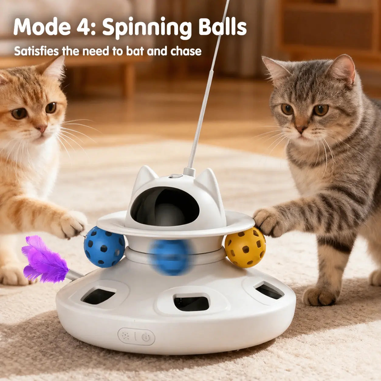 4-In-1 Interactive Toxin-Free Cat Toy - Laser Pointer, Feather, Ball/Chaser, Random Holes Point down Hide & Seek Function for Indoor Cat Entertainment