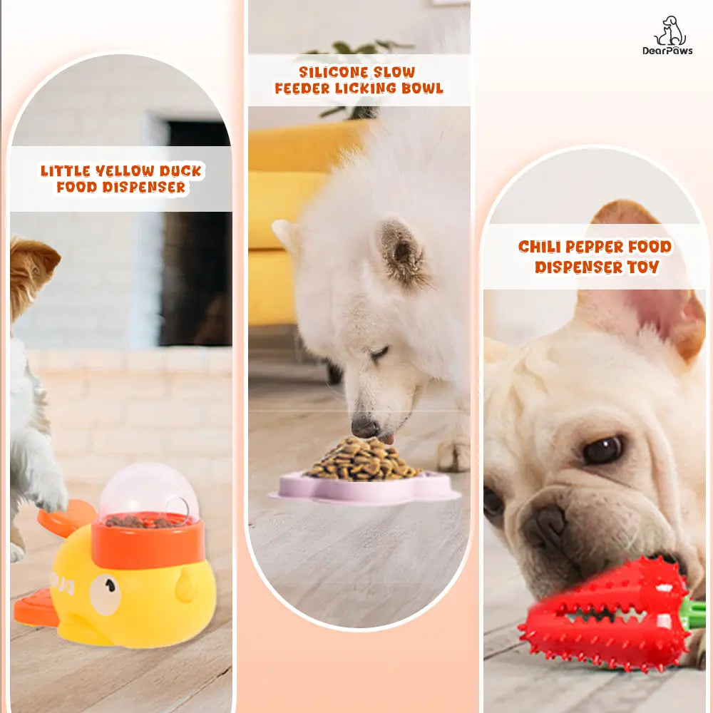 Dearpaws 3-in-1 Interactive Pet Feeding Set for Cats and Dogs - Includes Little Yellow Duck Food Dispenser, Chili Pepper Leaker Toy, and Silicone Slow Feeder Licking Bowl for Healthy Eating