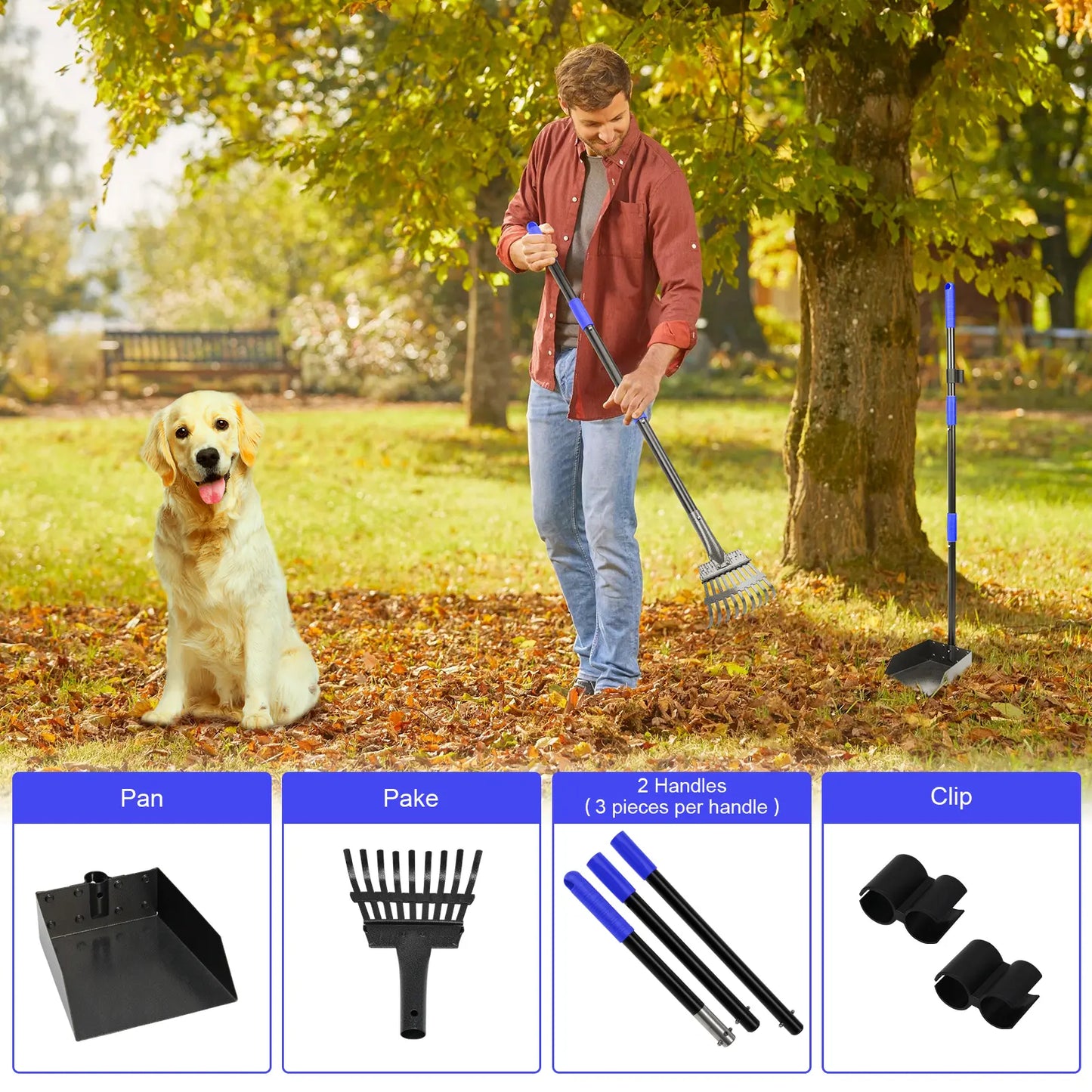 Pooper Scooper, Dog Pooper Scooper Tray and Rake Set with Adjustable Stainless Steel Long Handle for Large Medium Small Dogs