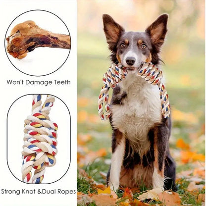 Interactive Cotton Rope Dog Leash Toy with Dual Grab Loops and Knots - Durable Chew Stick for Puppies and Dogs of All Sizes