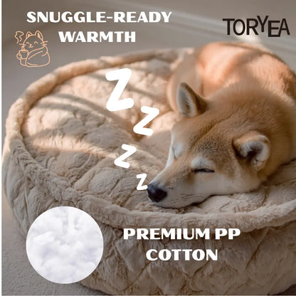 TORYEA PET Cloudnest Plush Dog & Cat Bed - Calm Beige Edition, Ultra Soft Faux Fur, Thick Supportive Joint Support Cushion, Detachable Washable Cover, Non-Slip Bottom, Elegant Home Design, All Ages Deep Sleep Premium All-Season Pet Bed