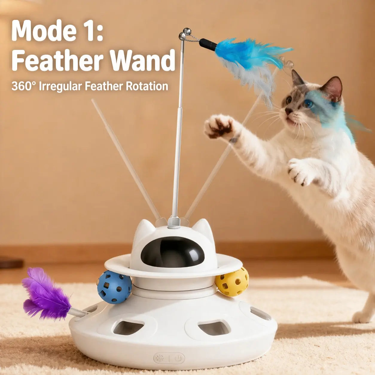 4-In-1 Interactive Toxin-Free Cat Toy - Laser Pointer, Feather, Ball/Chaser, Random Holes Point down Hide & Seek Function for Indoor Cat Entertainment