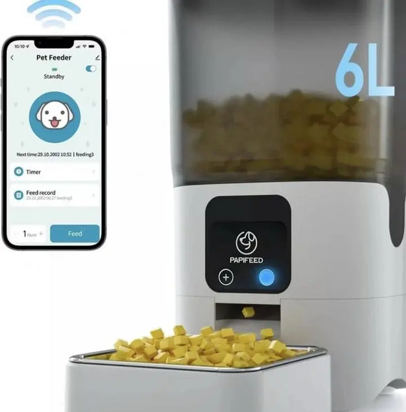 WiFi-Enabled Automatic Pet Feeder for Dogs and Cats - Durable Plastic and Stainless Steel Design, Auto-Dispensing Bowl, Washable Components, Nylon Braided Cord, and Adapter Included
