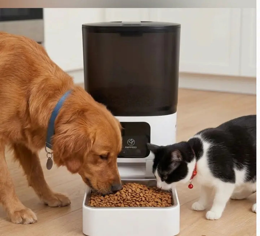 WiFi-Enabled Automatic Pet Feeder for Dogs and Cats - Durable Plastic and Stainless Steel Design, Auto-Dispensing Bowl, Washable Components, Nylon Braided Cord, and Adapter Included