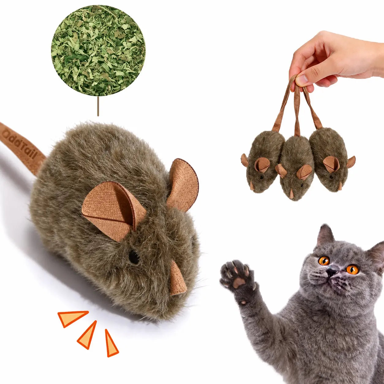Oddtail 3-Pack Interactive Plush Cat Toys with Catnip - Touch Activated Chirping Grey Mice for Indoor Play and Boredom Relief