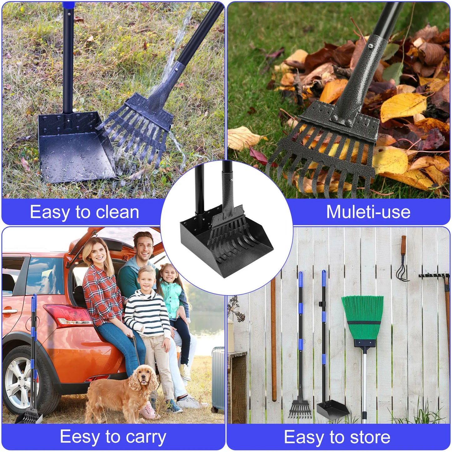 Pooper Scooper, Dog Pooper Scooper Tray and Rake Set with Adjustable Stainless Steel Long Handle for Large Medium Small Dogs