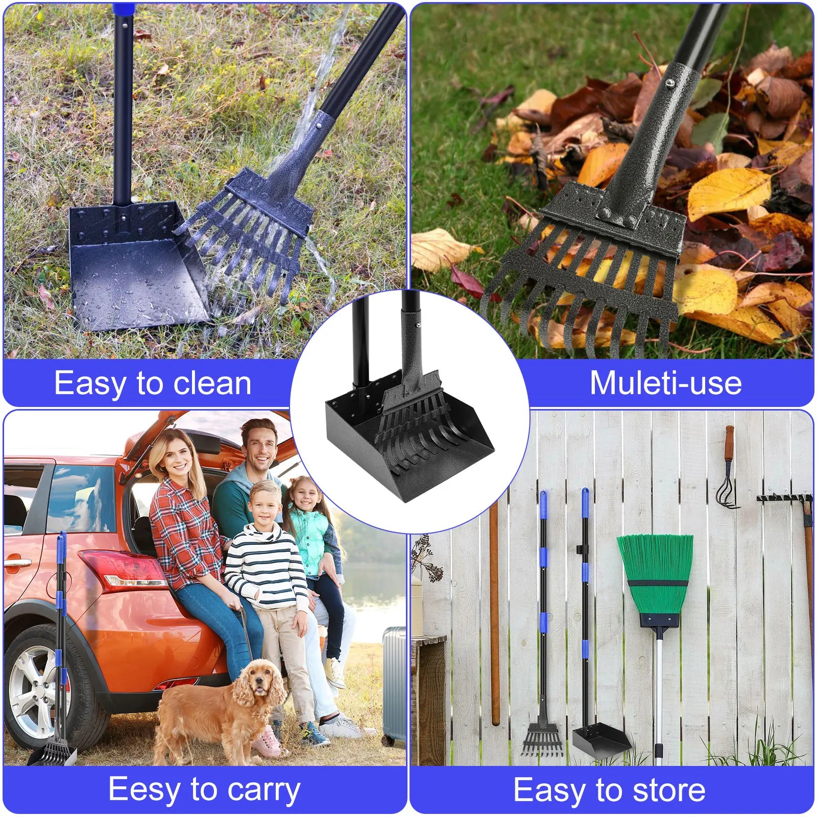 Pooper Scooper, Dog Pooper Scooper Tray and Rake Set with Adjustable Stainless Steel Long Handle for Large Medium Small Dogs