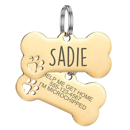 Custom Engraved Stainless Steel Dog Tag, Personalized Bone Pet ID Tag for Dogs & Cats, Metal Collar Name Tag with Split Ring, Pet Accessories