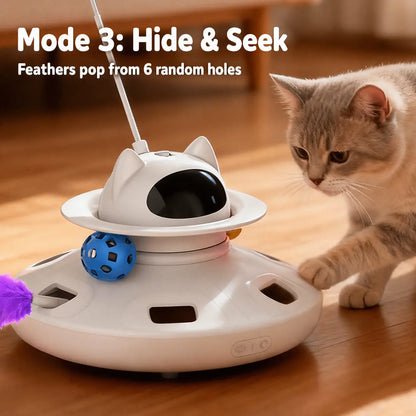 4-In-1 Interactive Toxin-Free Cat Toy - Laser Pointer, Feather, Ball/Chaser, Random Holes Point down Hide & Seek Function for Indoor Cat Entertainment