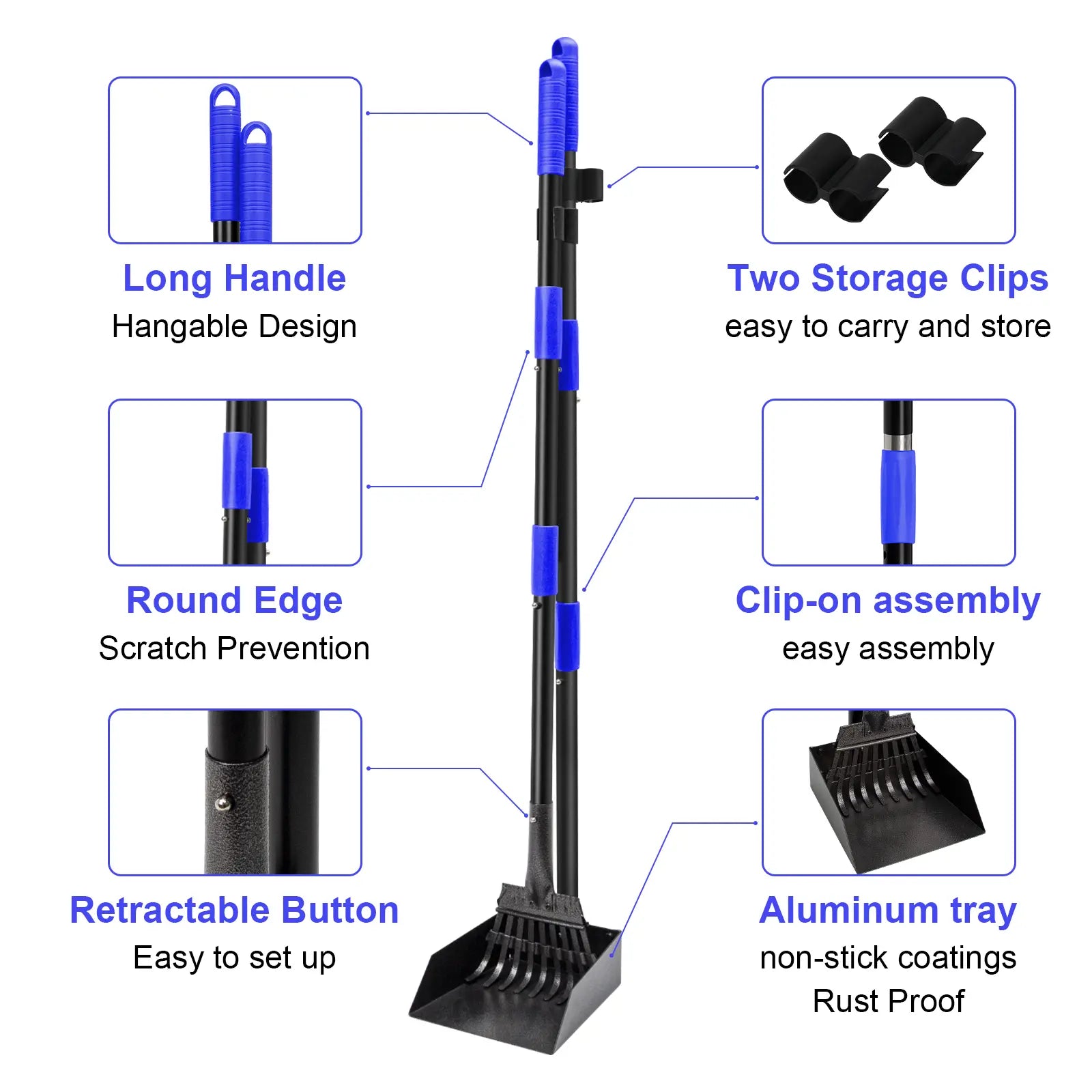 Pooper Scooper, Dog Pooper Scooper Tray and Rake Set with Adjustable Stainless Steel Long Handle for Large Medium Small Dogs