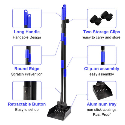 Pooper Scooper, Dog Pooper Scooper Tray and Rake Set with Adjustable Stainless Steel Long Handle for Large Medium Small Dogs